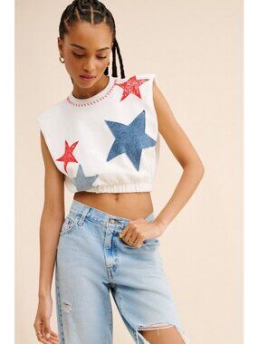 Tricia Fix Americana Muscle Shirt Womens S Cropped Retro Patriotic Upcycled